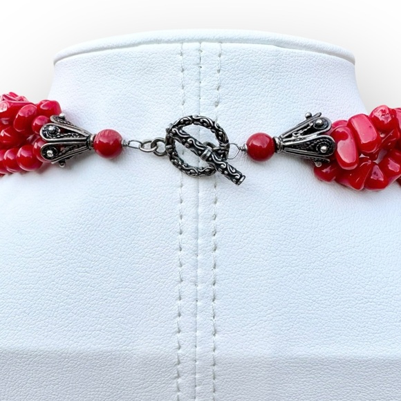 Carved Red Coral Flower Garland Collar 3-Strand Necklace - Picture 11 of 11